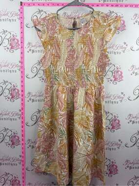 ANKO dress tiki tropical Smocked Flutter Midi Dress in Pink & Cream Leaf Print